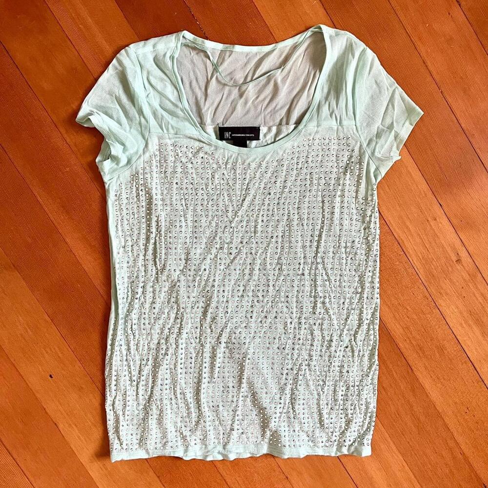 INC Y2K Vintage Metal Embellished Mint Green with Sheer Sleeves, Size M